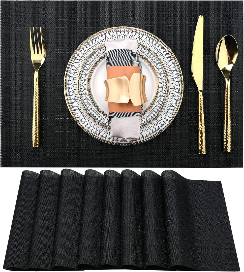 SLKQG Black Placemats Set of 8 - Easy Clean Washable Vinyl Placemats - Heat Resistant Placemats for Kitchen Table - PVC Table Mats for Dining Table (Pure Black, 8)