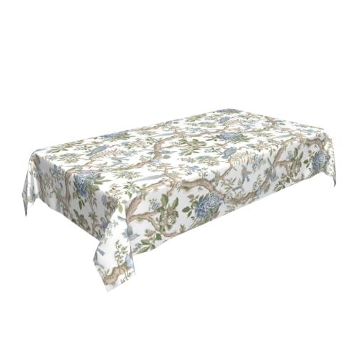 Yxuiyal Chinoiserie Rectangle Tablecloths 60x84 Inches Blue Green Floral Birds Decorative Rectangle Tablecloths Modern Washable Reusable Vintage Flower Table Covers for Home Kitchen Dining Room, Party