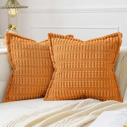 MIULEE Fall Burnt Orange Corduroy Decorative Throw Pillow Covers Pack of 2 Soft Striped Pillows Pillowcases with Broad Edge Winter Modern Boho Home Decor for Couch Sofa Bed 18x18 Inch