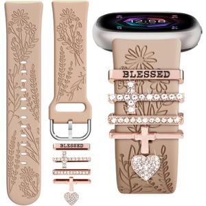 Wildflower Engraved Bands Compatible with Fitbit Sense 2, Versa 4/3, Sense Band with Charms, Soft Silicone Replacement Wristbands Strap with Cute Decorative Rings Accessories for Women
