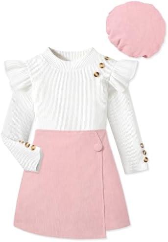 MIGU Girls Clothes Ruffle Long Sleeve Round Neck Button Top Skirt Short Beret Fall Outfit 3 Piece Skirt Set, 7-8Y