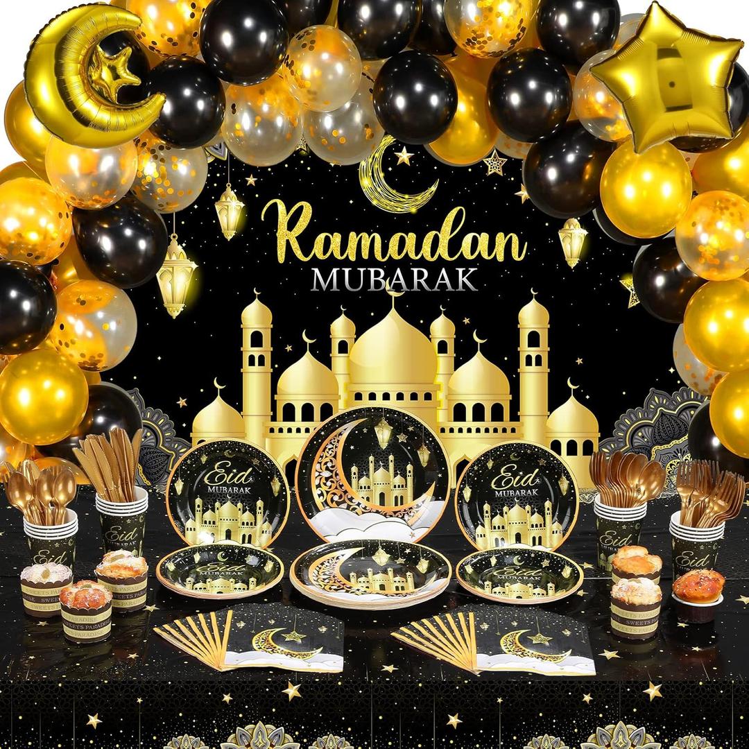 Redbaker 167 Pcs Eid Mubarak Party Decoration Ramadan Mubarak Backdrop Banner Tablecloth Eid Al-fitr Balloon 16 Set Tableware Plates Cups Napkins Cutlery for Home Muslim Ramadan Party Supplies(Black)