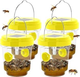 Wasp Traps Outdoor Hanging, Solar Bees, Hornets, Yellow Jacket Traps, Wasp Trap Catcher, Reusable Solar Powered Hanging for Outdoor, 4 Packs