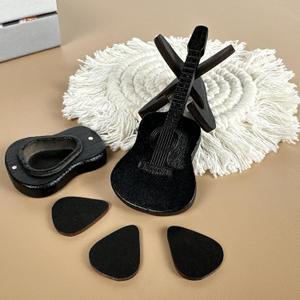 Wooden Guitar Pick Holder with Stand, Wooden Electric Guitar Styling Box with 3 Wood Picks, Guitar Pick Storage Box Set for Guitar, Bass, Ukulele Players (Black)