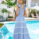 Kate Kasin Womens 2025 Summer Casual Dress Sleeveless Square Neck Smocked Ruffle Boho Flowy Maxi Beach Sundress(Blue, XL)