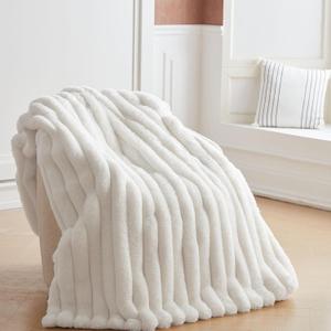Faux Fur Throw Blanket for Couch, Cozy Warm Plush Striped Blanket for Sofa Bedroom Living Room, 50x60 Inches Cream White