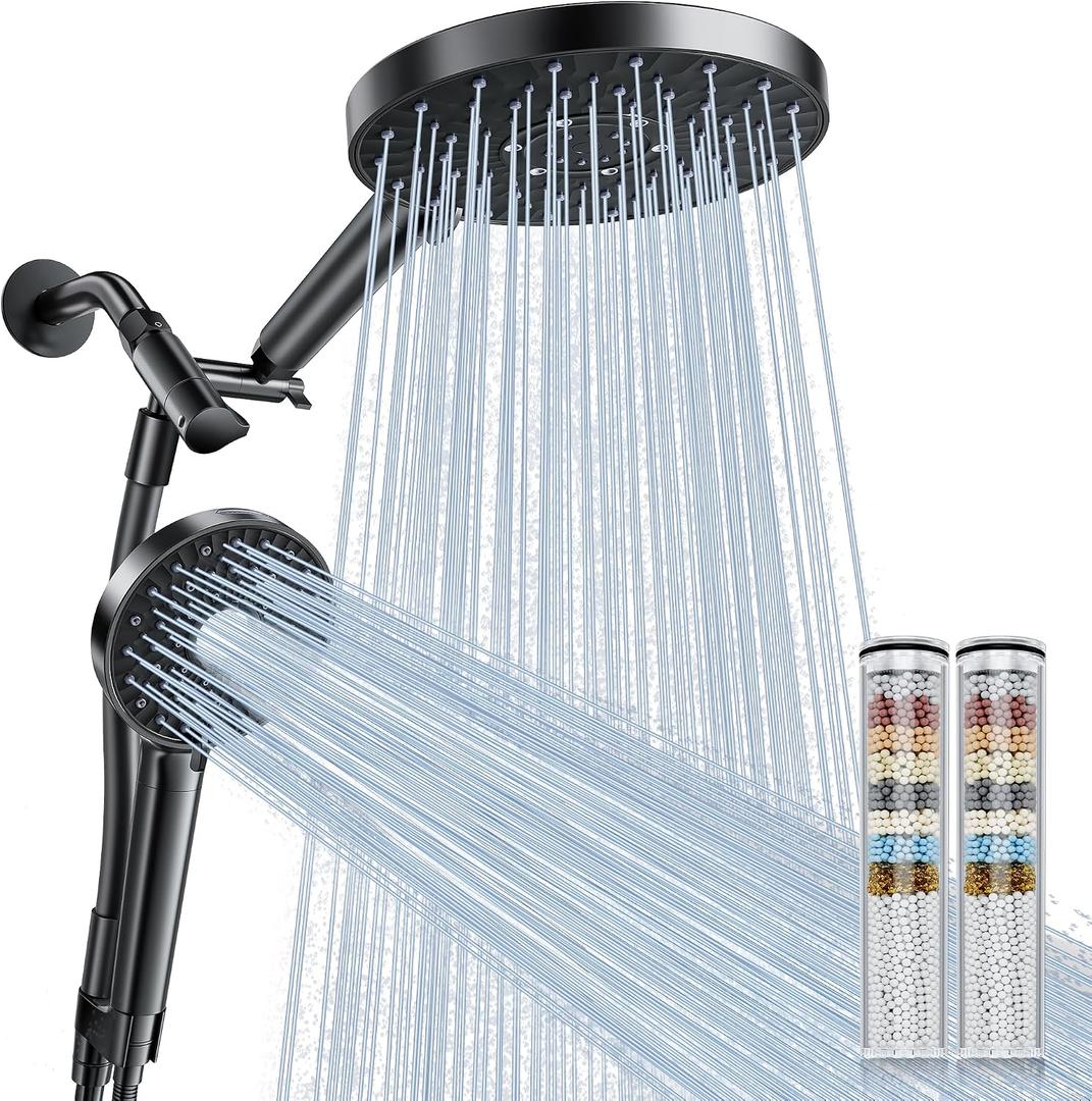 Magichome Rain/Rainfall Shower Head Filtered Handheld Combo with Large Arm, High Pressure 10 Spray Modes, Stainless Steel Hose, Water Softener Beads for Hard Water & Chlorine Removal, Matte Black