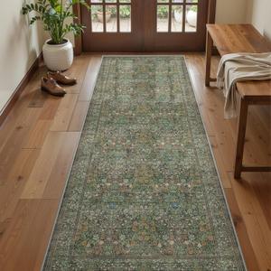 2x6 Runner Rug, Green Floral Rug for Entryway, Moynesa Washable Kitchen Rugs with Rubber Backing, Thin Soft Botanical Runners for Hallways, Bedroom, Laundry, Bathroom(2'x6', Dark Green)