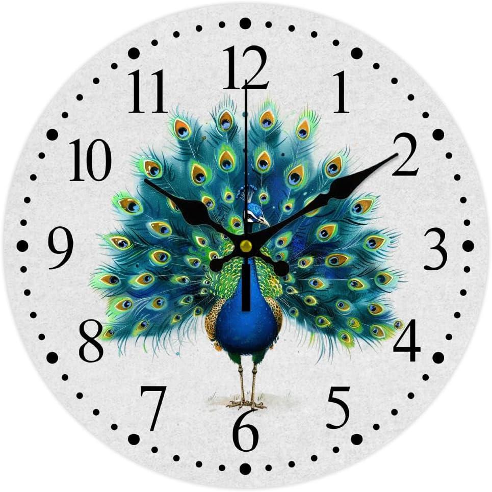 CHGCRAFT Peacock Wall Clock Non-Ticking Clock Round Decorative Wall Clocks Printed Clocks for Home Living Room Bedroom Home Office Decoration
