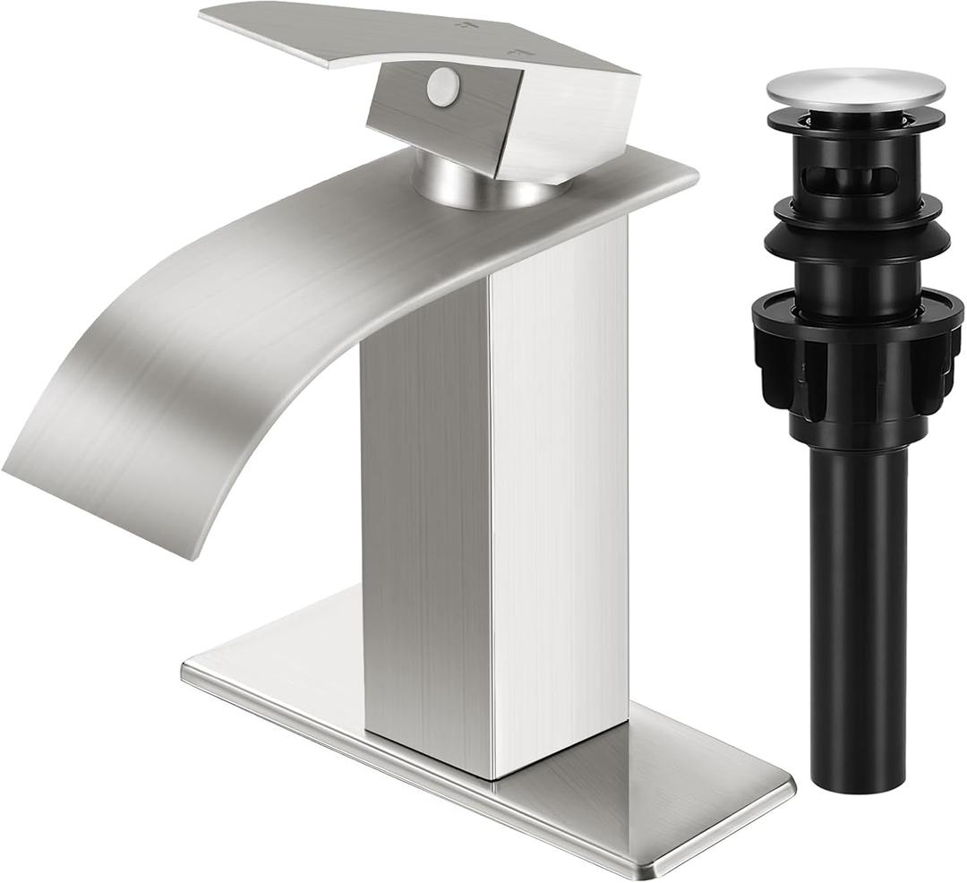Brushed Nickel Bathroom Faucets, Waterfall Bathroom Sink Faucet Modern Single Handle Bathroom Faucte 1 or 3 Hole, RV Mixer Tap Vanity Faucet - Includes Pop-up Drain Supply Hoses Deck Plate