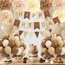 Brown Birthday Decorations for Women with Nude Beige Paper Pompoms Dark Brown Sand White Metallic Gold Balloons Fringe Curtain Banner for Boho Neutral Birthday Decorations