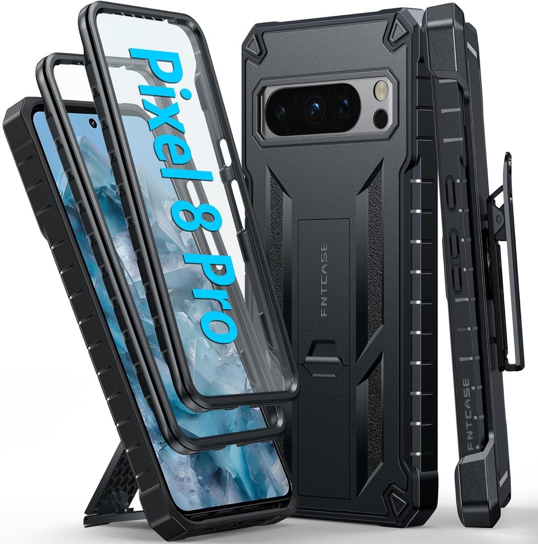 FNTCASE for Google Pixel 8 Pro Case: Built-in Screen Protector & Kickstand & Belt-Clip Holster, Extra Front Frame, Full-Body Dual Layer Rugged Military Shockproof Cell Phone Protective Cover Black