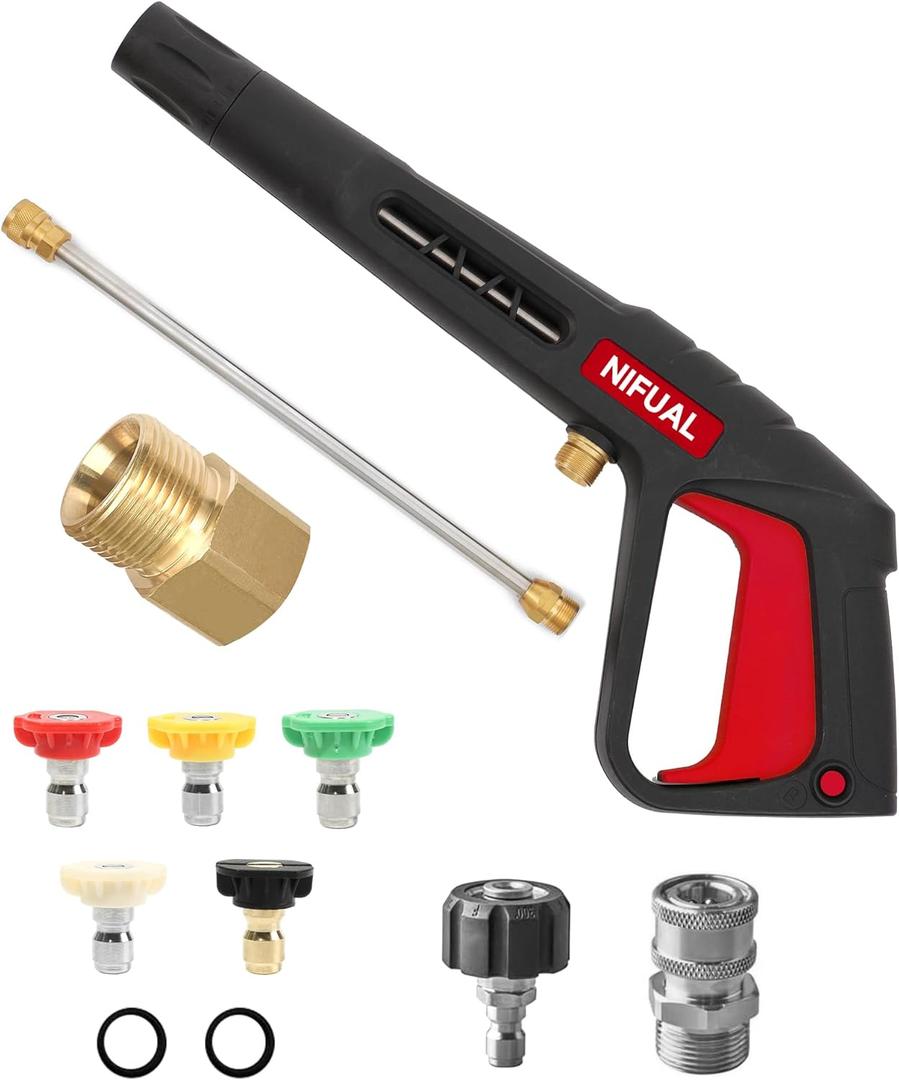NIFUAL Pressure Washer Gun with Power Replacement Extension Wand,5 Sprayer Nozzle Tips, 3/8 Quick Connect Fittings,M22-15mm Adapter, Power Washer Gun Kit for Daily and Professional, 18 Inch,3300 PSI