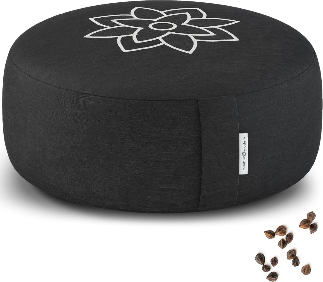 Mindful & Modern Large Meditation Cushion for Zafu Yoga - Meditation Pillow for Sitting on the Floor - Buckwheat Hull Filled Yoga Cushion with Removable, Washable 100% Cotton Cover and Carry Handle (Round - Black)
