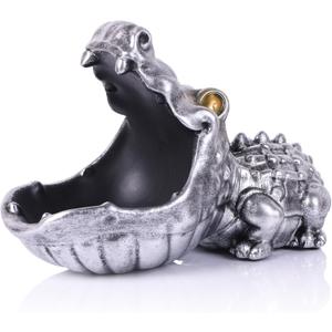 Alligator Statue Key Bowl, Fun Animal Statue Candy Dish for Entryway Decorative Bowl, Office Candy Dish, Big Mouth Sculpture Home Living Room Trinket Container Storage Box (Silver)
