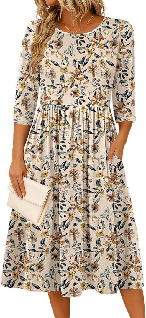 Zeagoo 3/4 Sleeve Women's Dress Casual Flowy A-Line Midi Tshirt Dresses with Pockets Crewneck Vocation Boho Beach Sundress (L)