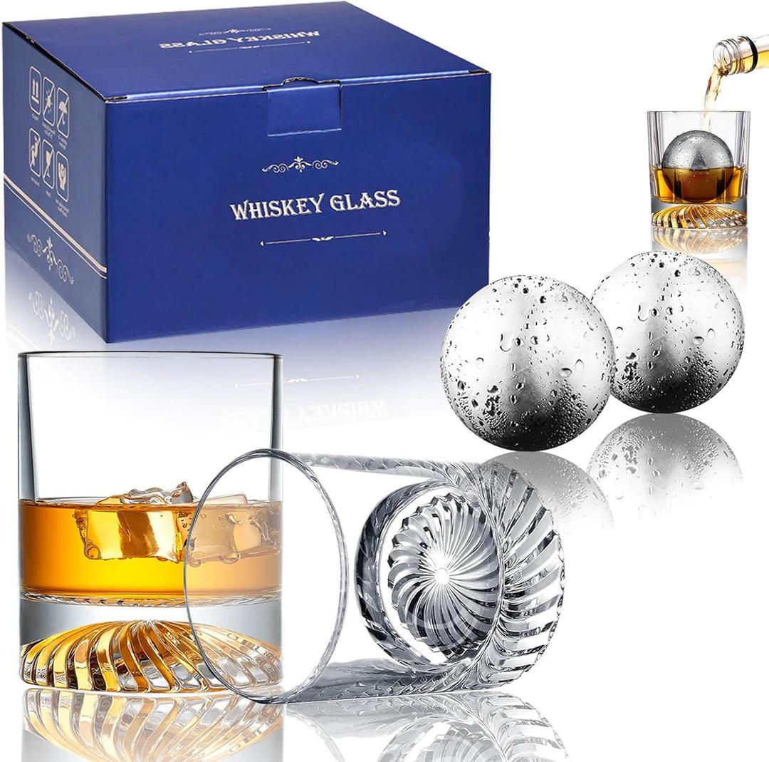 Whiskey Glasses,2 Old Fashioned Glasses Set with 2 XXL Stainless Steel Ice Balls,10oz Whiskey Rocks Glasses Gift for Men,Bourbon Tumbler for Scotch Whisky Cognac,Rock Barware at Bar Home