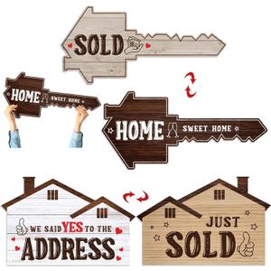2 Pcs Extra Large Real Estate Sold Sign for New Homeowners, 26.5" and 24.1", Corrugated Board Double Sided Social Media Photo Props Home Key Shaped Closing Gifts for Buyers agent (Classical)