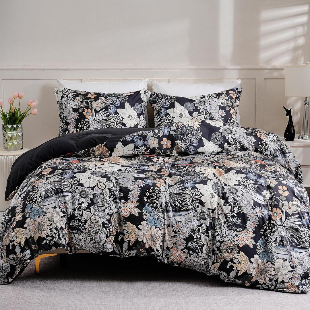 LONAVA Queen Flower 3 Pcs Duvet Cover Set, Breathable Soft Microfiber Black Lining Comforter Cover with Zipper Closure, and 2 Anti-Pilling, Fade Resistant Pillowcases, Midnight Blossoms