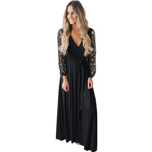 Kranda Womens Vintage Floral Lace Long Sleeve Faux Wrap V Neck Party Long Maxi Dress (Large, Black-1)