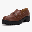VETASTE Womens Lug Sole Platform Mid Chunky Heel Loafers Classic Round Toe Slip On Office Uniform Oxfords Shoes with Metal Chain