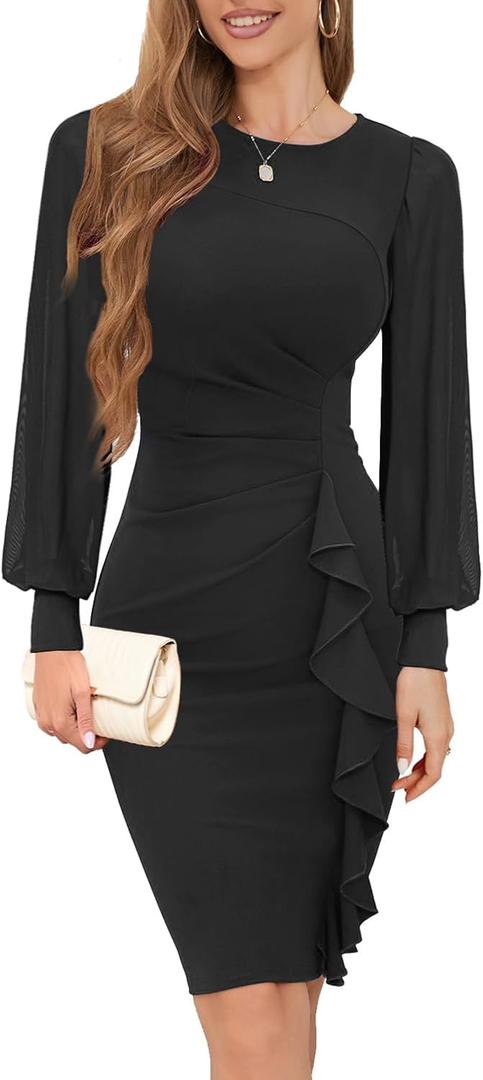 IHOT 2025 Women's Long Sheer Sleeve Ruched Sheath Bodycon Cocktail Party Work Dress (Medium, Black)