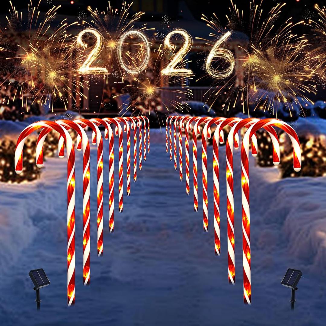 20 Pcs Christmas Candy Cane Lights, 21'' Solar Pathway Lights with 8 Lighting Modes, Waterproof Garden Lights for Outdoor Christmas Patio Yard Walkway Decorations (White)