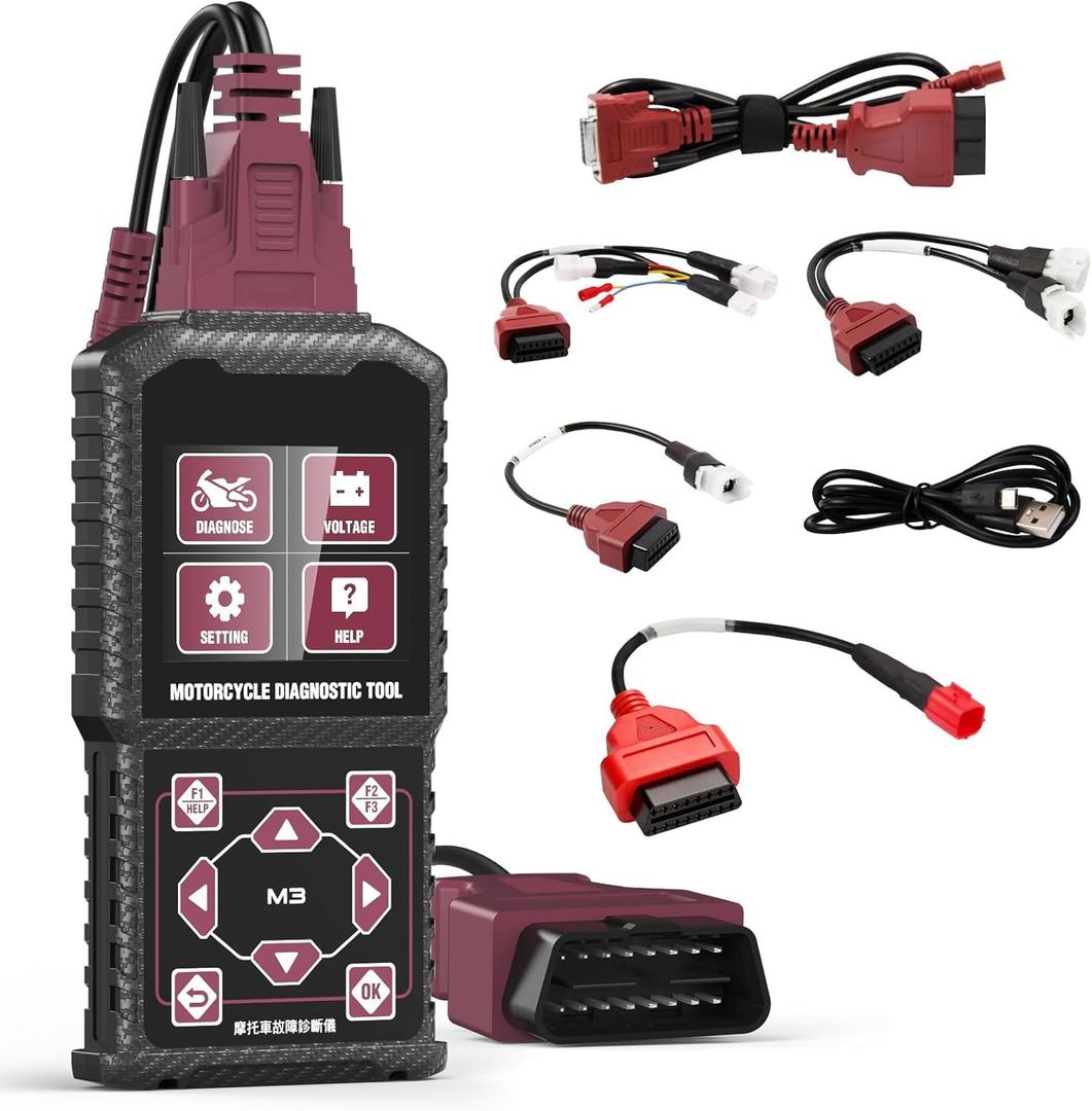 OBD2 Motorcycle Diagnostic Tool with Euro-5 Cable, Motorcycle Fault Code Reader and Scanner, Compatible with Yamaha 2/3/4-Pin, Kawasaki 4-6-Pin, Honda 4-Pin, and OBDII Motorcycles