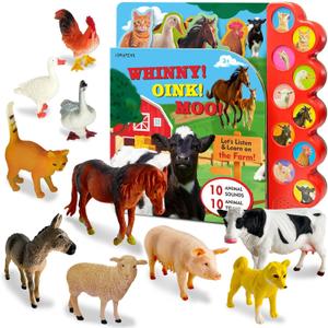 Farm Animals Figures Toys with Sound Books, 10PCS Farm Animals for Toddlers & Animal Sound Books with 10 Buttons, Plastic Animals, Farm Toys for Toddlers 3-5, Animal Lover Gifts for Kids