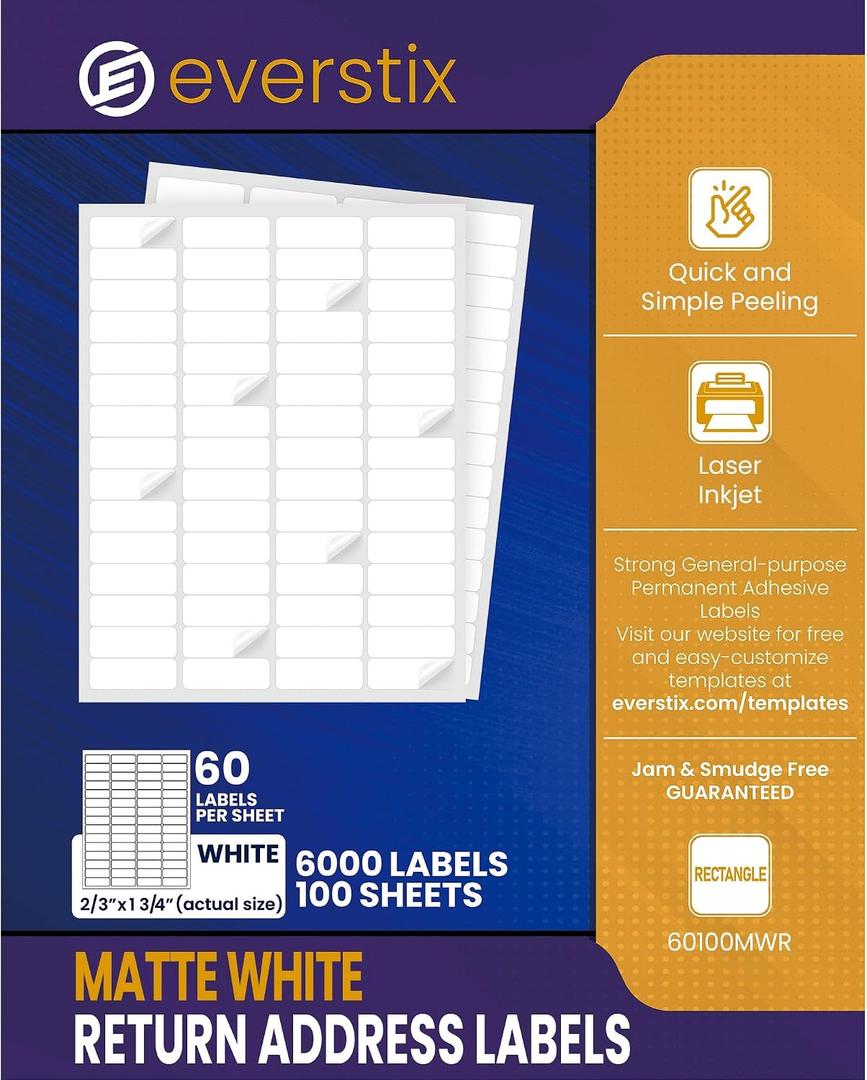 2/3" x 1-3/4", 100 Sheets, 6000 Return Address Labels for Laser & Inkjet Printers, Permanent Adhesive, Letter Size