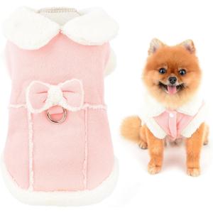 SMALLLEE_LUCKY_STORE Fleece Dog Coat for Small Dog Girls, Pet Harness Jacket with Bow and D-Ring, Soft Vest Fall Winter Clothes with Fuzzy Collar Chihuahua Yorkie Cat Apparel, Pink, M