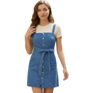 Allegra K Women's Spring 2026 Overall Dresses Classic Adjustable Strap Pinafore Jean Denim Dress (Blue), Small
