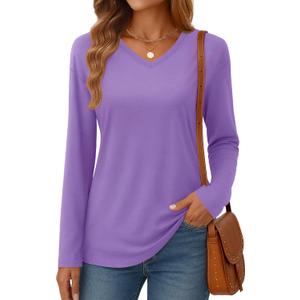YUCOLEN Long Sleeve Shirts for Women Fall V Neck T Shirts Casual Solid Color Loose Fit Basic Tees Breathable Tops (Purple, XL)