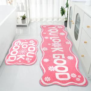 Pink Bathroom Decor Bath Runner Rugs 19" x 59" + 20" x 24" You Look Good Mats, 2 Piece Soft Non Slip Shower Mat Cool Bath Rug Carpet Washable Bathmat for Floor