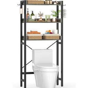 Ecoprsio Over-The-Toilet Storage Rack, 3-Tier Bathroom Organizer Shelf Over Toilet, Freestanding Space Saver Toilet Stands with 4 Hooks, Grey