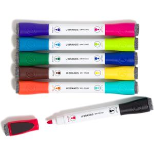 U Brands Fine Tip Dry Erase Markers with Eraser, Magnetic Double Ended Whiteboard Markers, Low Odor, Assorted Bright Colors, Set of 6 (1 Count (Pack of 6))