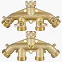 Hourleey Brass Garden Hose Splitter (4 Way), Solid Brass Hose Connector 3/4", Hose Spigot Adapter 4 Valves with 4 Extra Rubber Washers