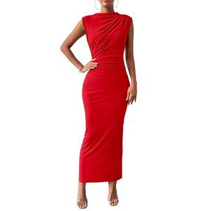 BTFBM Women Ruched Bodycon Maxi Dresses Summer Casual Sleeveless Lightweight Slit Elegant Cocktail Wedding Guest Dress(Red, Medium)
