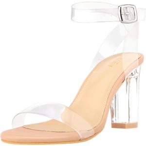 ZriEy Nude Clear Block Sandals Chunky Heels for Women 3.35 Inch Open Toe Adjustable Ankle Strap Pump Sandals for Weddings Parties Daily Wear Size 6.5