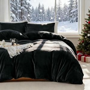 WARMDERN Black Velvet Duvet Cover Set Queen Size, Luxury Milk Velvet Bedding Duvet Cover with Zipper Closure, 3pcs Ultra Soft Duvet Covers for All Seasons, 90" x 90", Black