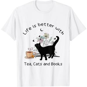 Life is Better with Tea Cats and Books, Funny Cat Sayings T-Shirt, S