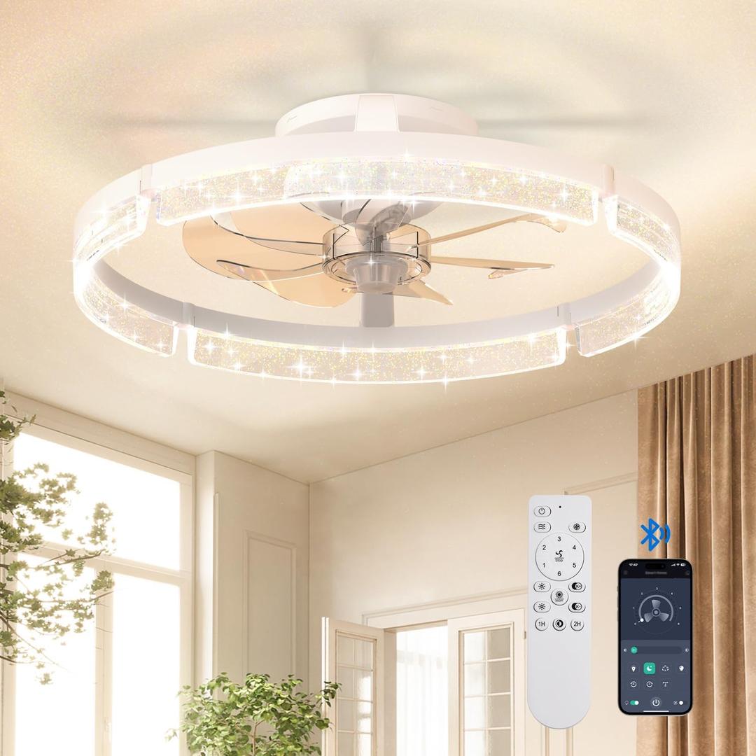 addlon Ceiling Fans with Lights and Remote, 20'' Low Profile Ceiling Fans, 3000-6000K Dimmable Modern Flush Mount LED Fan Light, Fandelier Ceiling Fan for Bedroom, Kitchen, Living Room, White