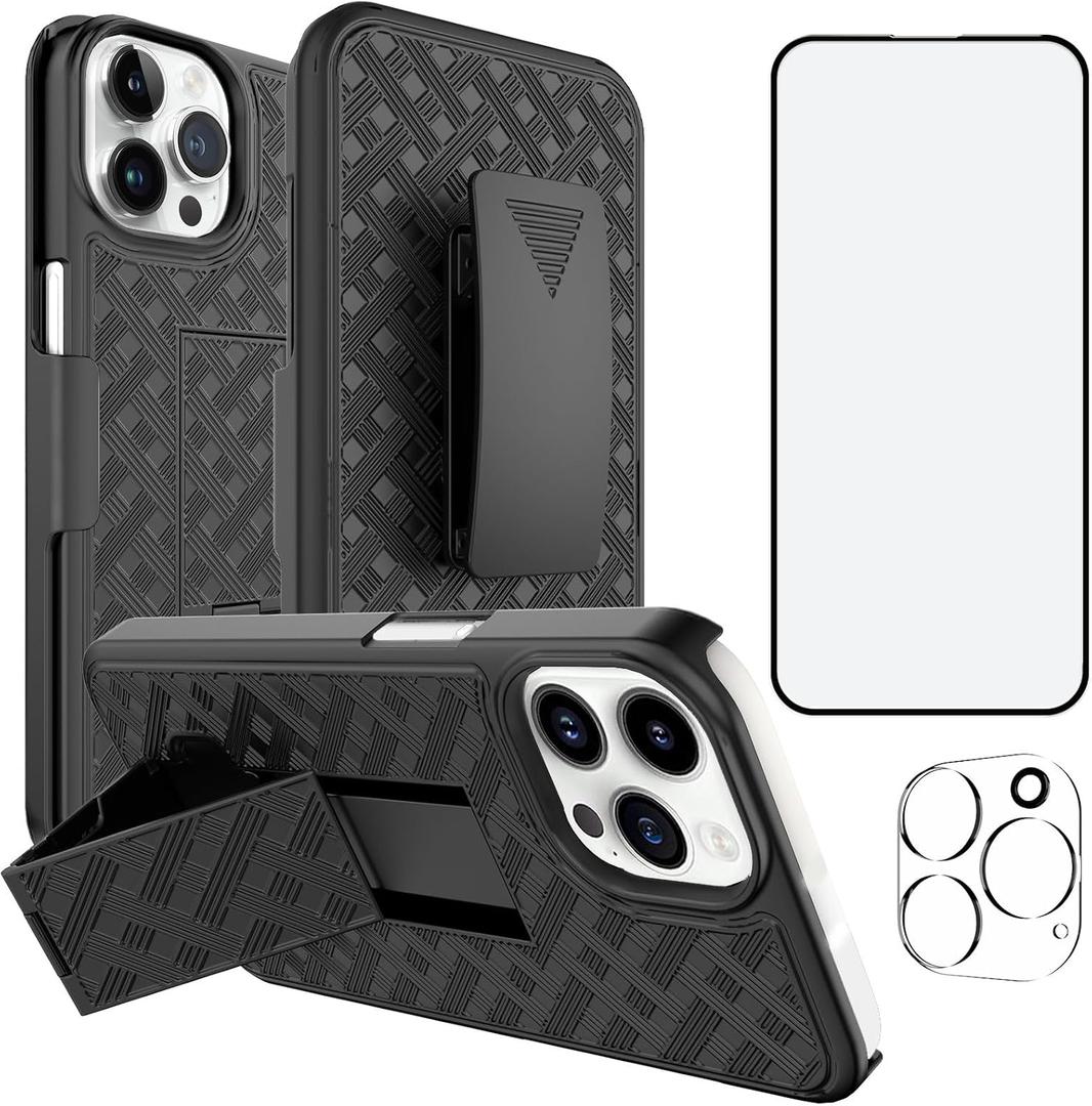Ailiber Compatible with iPhone 15 Pro Max Case, iPhone 15 Pro Max Holster Case with Camera Lens&Screen Protector, Swivel Belt Clip Kickstand Holder, Slim Full Body Shockproof Phone Cover-Black
