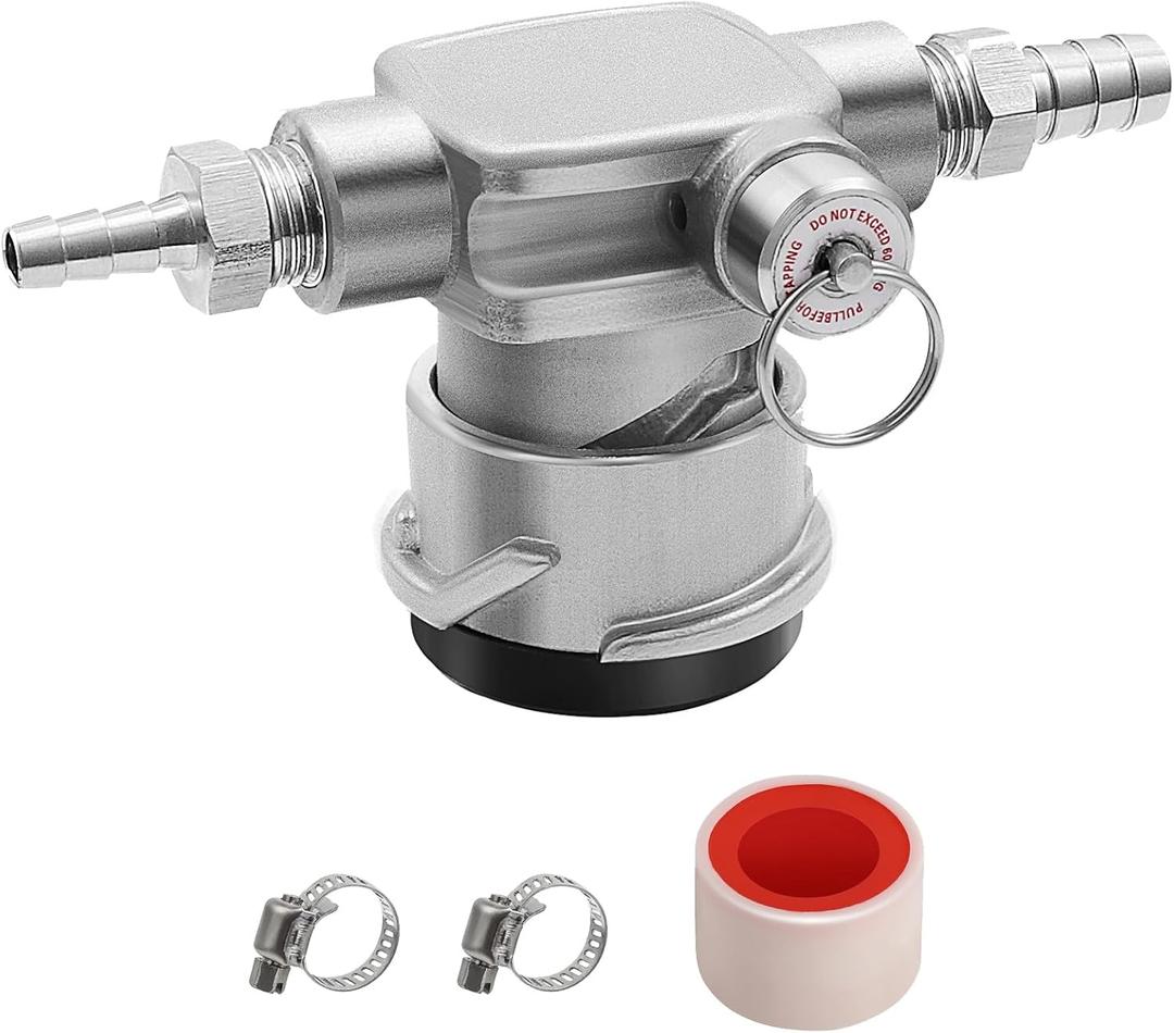 Low Profile Keg Coupler, 304 Stainless Steel D System Keg Coupler Space Saving Twist-Activated Homebrew Sankey Keg Tap with Safety Pressure Relief Valve and Connection Tape and Hose Clamp