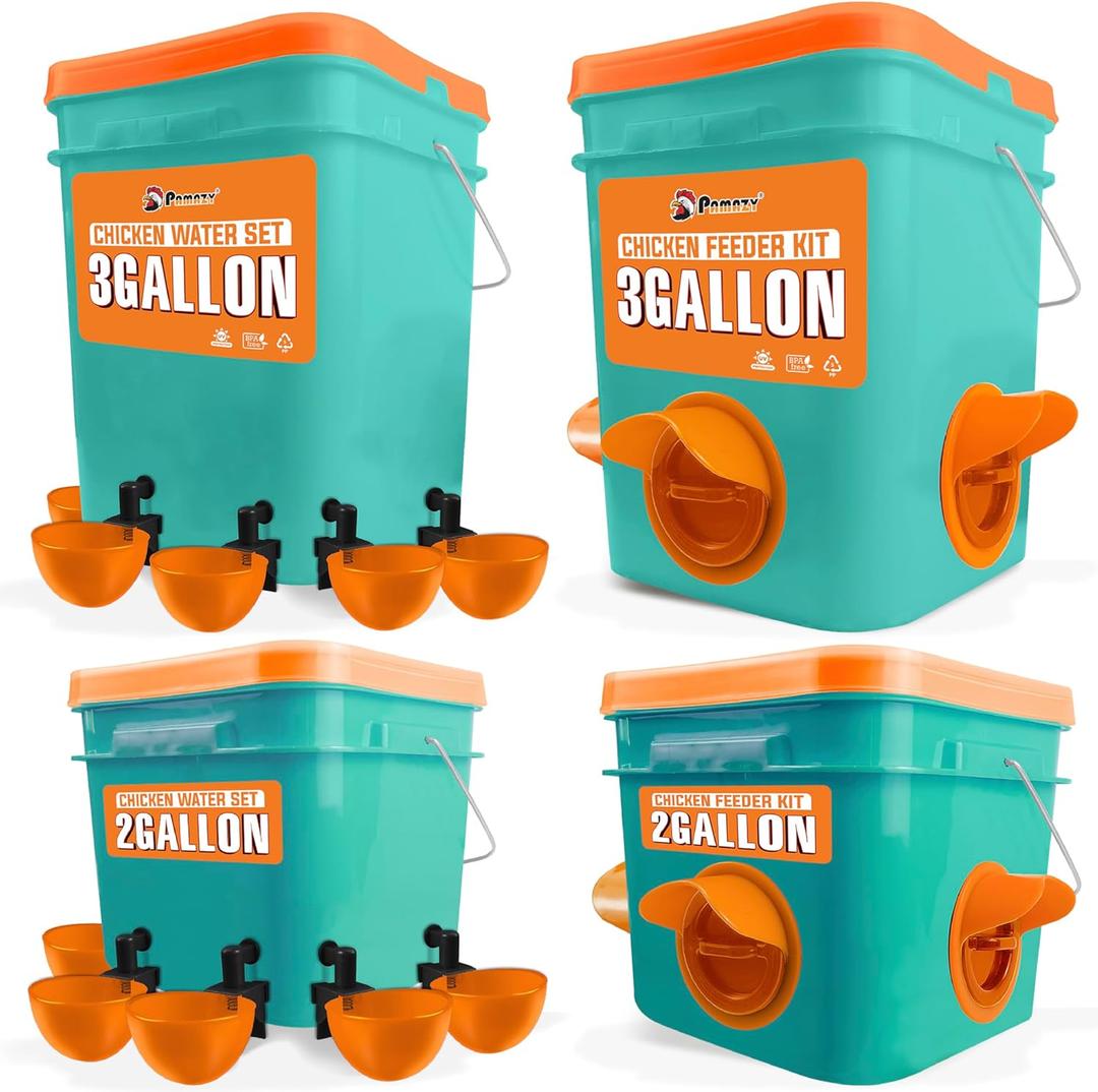 Automatic Chicken Feeder and Waterer Set(4 Buckets/2-3 gallons), Chicken Bucket Feeder Ports & Cup Waterer No Waste, Rain Proof Poultry Feeder, Avoid Small Animals, Suitable for Chicken, Duck, Turkey