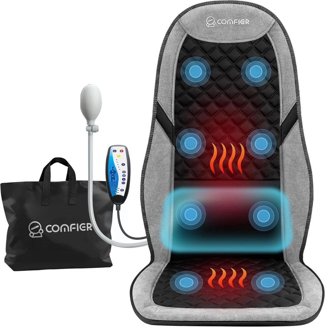 COMFIER Back Massager with Heat,Massage Chair Mat with Adjustable Lumbar Support,Seat Warmer Cushion with 8 Vibration Motors & 5 Modes & Bag,Office Chair Massage Pad for Recliner,Gifts for Mom Dad (Light Black)