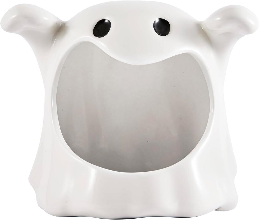 Bico White Ghost Ceramic Candy Bowl Holder with Large Opening, Dish for Candy, Cookie, Candles, Halloween Decoration, Day of The Dead Decor