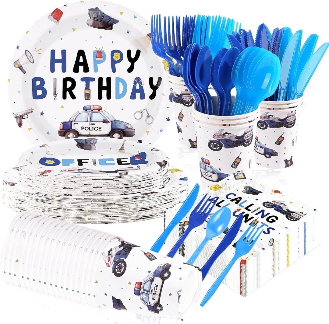 168 Pcs Police Birthday Party Decorations Police Officer Plates and Napkins Cups Forks Tableware Sets Congrats Officer Decoration Favors for Policeman Cops Theme Baby Shower Party Supplies Serves 24