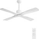 WINGBO 48" DC Ceiling Fan without Lights, 4 Carved Solid Wood Blades, 6-Speed Noiseless Reversible DC Motor, Modern Ceiling Fan No Light with Remote, Gloss White Finish with White Blades, ETL Listed