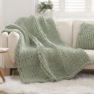 WESHIONGOO Chunky Knit Blanket Throw 51"63" Knitted Throw Blankets for Couch Bed Fluffy Soft Blanket with Jumbo Chenille Yarn Thick 100% Handmade (Sage Green)
